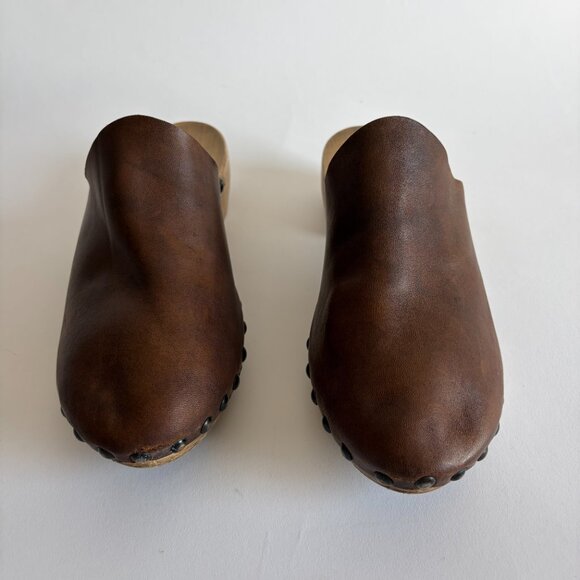 Reinhard Plank Brown Leather Wood Clogs Size 44 - Picture 5 of 11